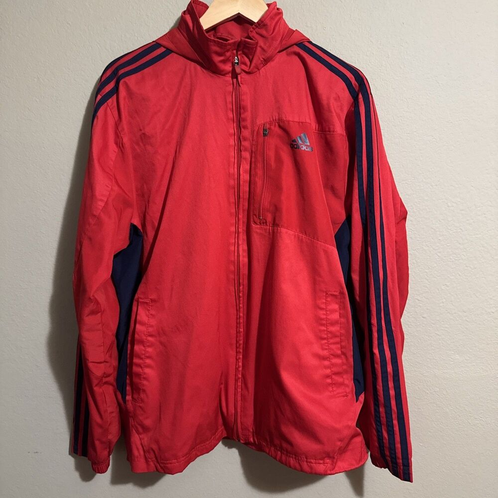 Adidas Red Track Jacket Men's Size 2XL Full Zip Hooded Windbreaker 3-Stripe